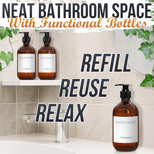 Plastic Amber Soap Dispenser with Pump Set of 3 – 16 oz Refillable Shampoo and Face Wash Bottles – Durable & Reusable for Hand Soap, Dish Soap, Lotion, Gel, Body Wash in Kitchen, Bathroom, Shower