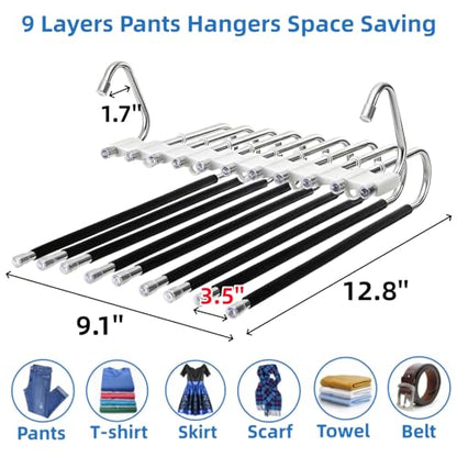 4 Pack Pants Hangers Space Saving 9 Layers, Non-Slip Closet Storage Organizers, Stainless Steel Jean Clothes Hanger Pants Rack for Trousers Scarf Leggings Skirts, Dorm Room Apartment Essentials