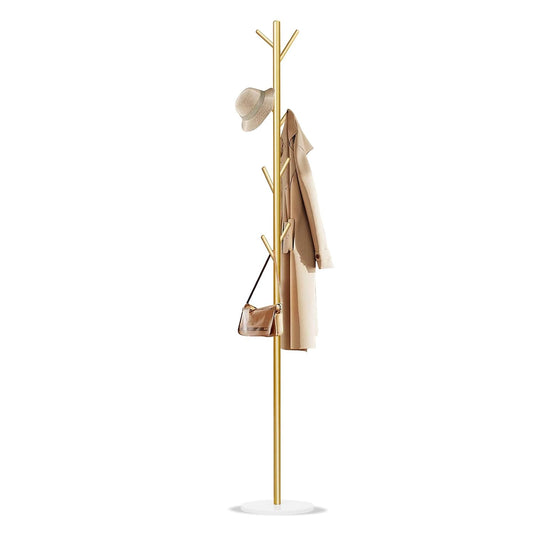 Coat Rack, Metal Freestanding Coat Rack with 8 Hooks, Sturdy Coat Tree with Natural Marble Base for Coats, Hats, Scarves and Handbags for Entryway, Hallway, Bedroom, Office,Dorm (Gold)