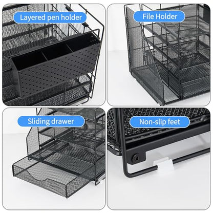 5-Tier Desk Organizer with Drawer and Pen Holder, Black | Paper Letter Tray Organizer with File Holder, Suitable for Workspace Organizer Office Supplies Storage