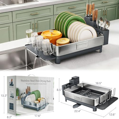 SNTD 304 Stainless Steel Dish Drying Rack for Small Kitchen Counter, Grey | Rustproof, Large Capacity, Heavy-Duty Frame, Rotating Spout, Angled Drainboard, Removable Cup & Utensil Holder