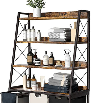 Laundry Basket, 3 Section Laundry Hamper with 4 Tiers Shelf, Pull-Out and Removable Laundry Bags, Large 3 x 15.87 Gallons, for Laundry Room Bathroom Rustic Brown PF05XLN