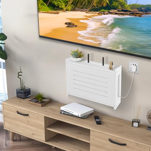 Router Shelf Wall Mount WiFi Router Storage Box Modem Cable Cover Organized Power Strip Cable Management Hider Rack By Solid Wood White