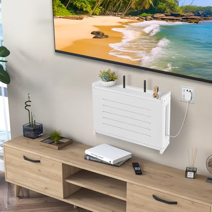 Router Shelf Wall Mount WiFi Router Storage Box Modem Cable Cover Organized Power Strip Cable Management Hider Rack By Solid Wood White