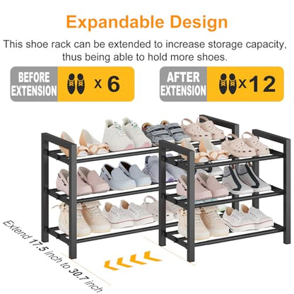 3-Tier Expandable Metal Shoe Rack for Closet & Entryway, Shoe Organizer | Shoe Storage • Adjustable Width • Holds 6–9 Pairs • Heavy-Duty Steel • Space-Saving Design • Tool-free • Easy Assembly