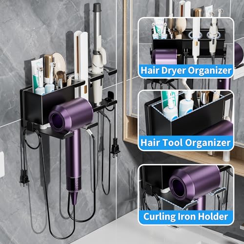 Hair Dryer Holder Wall Mounted, Adhesive and Screw Mounting, Black | Metal Hair Tools Organizer, Blow Dryer Holder for Dyson Dryer, Curling Iron, Straightener, Bathroom Hair Accessories