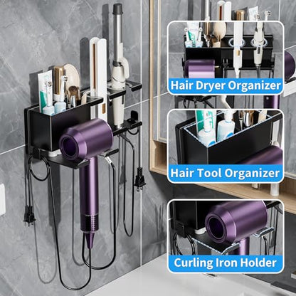 Hair Dryer Holder Wall Mounted, Adhesive and Screw Mounting, Black | Metal Hair Tools Organizer, Blow Dryer Holder for Dyson Dryer, Curling Iron, Straightener, Bathroom Hair Accessories