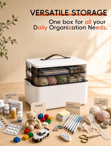 Medicine Organizer Box, 3-Tier Medicine Storage Box with Clear Trays and Carry Handle, Empty First Aid Kit Organizer for Pills, Bottles, Bandages, Home Cabinet