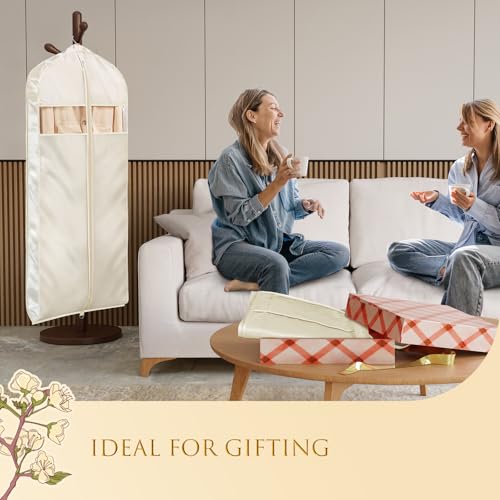 Univivi Satin Garment Bags for Hanging Clothes, Apricot, 60 Inch, 2 Pack | Soft Silk Garment Bag Zippered Dress Cover with Gussets and Clear Window, Breathable and Non-smell for Shirts, Coats, Jackets
