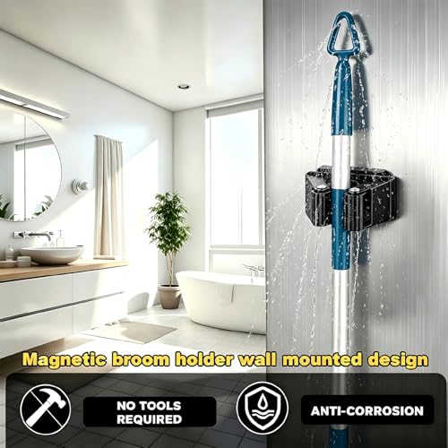Magnetic Broom and Mop Holder Wall Mount, Black 4 Pack | Space-Saving magnetic broom holder, heavy duty magnet hooks, no-drill over the door broom gripper,RV Camper Wall Organizer