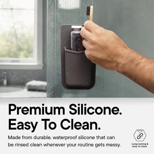TOOLETRIES The Henry Essentials Holder, Bathroom Organizer - Charcoal | Silicone bathroom organiser with a reusable adhesive mount for everyday toiletries and grooming essentials.