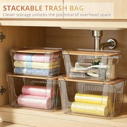 Plastic Trash Bag Dispenser with Lids, Stackable, 4Pack, 2XL+2S | Clear Trash Bag Organizer for Kitchen, Laundry Room, Under Sink Organization and Storage