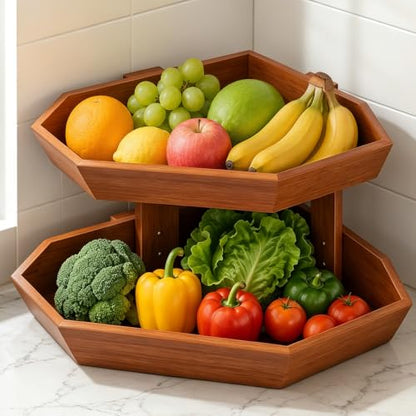 Wooden Fruit Basket for Kitchen Counter 2 Tier Fruit Bowl for Corner | Space-Saving Fruit Stand Holder for Bread Fruit and Vegetable Storage Kitchen Countertop Organizer