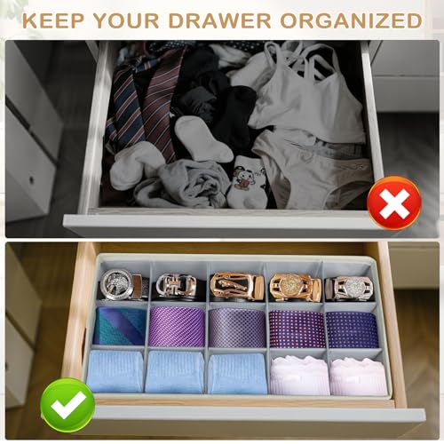 Belt Organizer for Closet, Tie Storage Organizer Bins with 15 Compartments Drawer Organizer, Linen Closet Organizers Storage Box for Socks, Bras, Briefs, Ties, Belts
