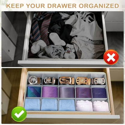 Belt Organizer for Closet, Tie Storage Organizer Bins with 15 Compartments Drawer Organizer, Linen Closet Organizers Storage Box for Socks, Bras, Briefs, Ties, Belts