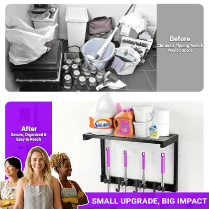 Heavy Duty Broom Holder Wall Mount, All-Metal Mop Rack with Storage Shelves | Space-Saving Cleaning Supply Organizer with Hooks Keeps Mops, Brooms and Tools Handy in Laundry Rooms, Garages and Kitchens