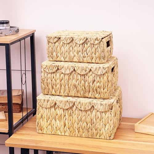 LUSYDECO Set of 3 Scalloped Edge Wicker Basket with Lid, Rectangle Wicker Storage Basket with Built-in Handles, Multipurpose Organizer Rattan Display Boxes for Shelf, Nursery Room