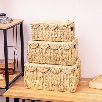 LUSYDECO Set of 3 Scalloped Edge Wicker Basket with Lid, Rectangle Wicker Storage Basket with Built-in Handles, Multipurpose Organizer Rattan Display Boxes for Shelf, Nursery Room