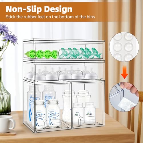 Baby Bottle Organizer, 4 Pack Stackable Storage Drawers with Labels, Clear Station Organizers Container for Pacifiers, Pump Parts, Desk Organizer Bins for Bathroom, Cabinet, Pantry, Vanity, Countertop