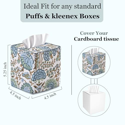 Asparagus Green Block Print Tissue Box Cover Handmade Cotton Fabric Decorative Square Napkin Holder for Home Bedroom Living Room Bathroom Vanity Countertop Car Night Stands Office Kitchen