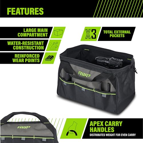 AWP Tool Bags, Premium Tool Bag, Black, Durable Tool Tote, for Professionals and Contractors