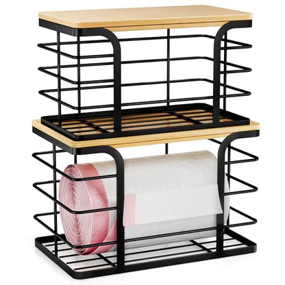 2 Pack Stackable Storage for Kitchen Laundry Pantry Organizers,Trash Bag Holder with Bamboo Top,Wall Mount Garbage Bag Dispenser,Black Large and Small