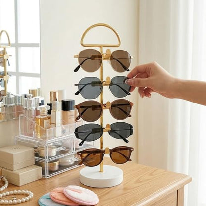 Sunglasses Stand for Countertop - Gold Eyeglass Holder, Vertical Sunglasses Organizer for 5 Pairs, Tabletop Eyewear Display for Bedroom Entryway Office (Gold, Wood Base - 1pc)