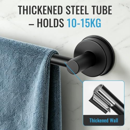 No Drill Suction Cup Towel Bar with Adjustable 14.6-24In | Strong Adhesive Wall Mount, Thickened Stainless Steel Matte Black Towel Rack for Renters, Bathroom Shower & Kitchen Storage