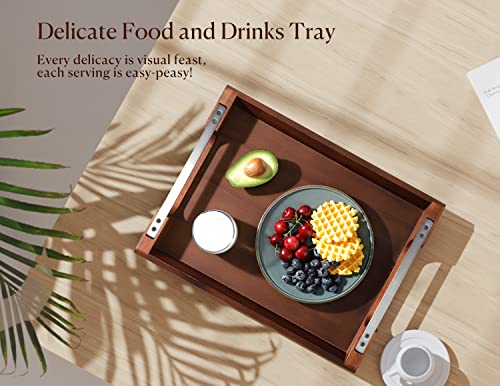 Acacia Wood Serving Tray with Metal Handle, 17x13in Tray for Ottoman | Decorative Food & Drink Tray for Coffee Table, Breakfast, Dinner, BBQ, Party, Lap, Couch, Rustic Home Decor, Elegant Gift Box