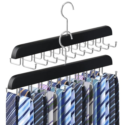 2PC Tie Rack Organizer, Tie Hanger for Closet with 20 Foldable Hooks, Black | Non Slip Neck Tie Organizer, Large Capacity, Space Saving, 360° Rotating Hook, Fits for Tank Tops Bras Cami Scarves