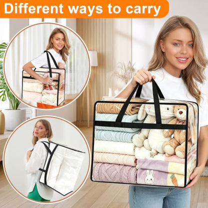 4 Pack Clear Clothes Storage Bags, 40L Vinyl Blanket Storage Containers with Heavy Duty Zipper, Foldable Moving Bags, Closet Organizers for Bedding, Clothing, Comforters, Linens, Duvet