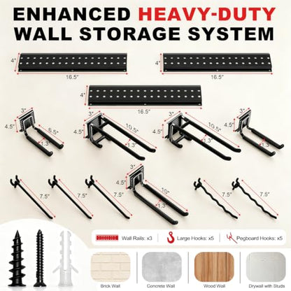 Garage Tool Organizer Wall Mount 49.5 inches with 10 Adjustable Heavy-Duty Hooks, Garage Organization, Garden Tool Storage Rack, Yard, and Shed, Holds Up to 400 lbs