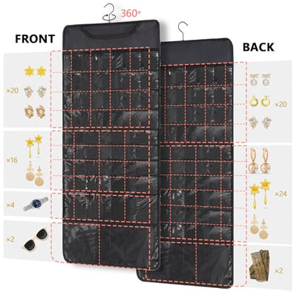 FOREGOER Hanging Jewelry Organizer Storage Roll 88 Zippered Pocket, 2-Sided | 88 Zipper Pockets, Dustproof Foldable for Travel, Accessories Organizer Holder for Earring Necklace Ring on Closet Wall Door