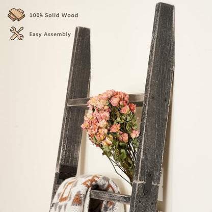 Blanket Ladder 6-Tier Washed Black, Rustic Towel & Quilt Display Rack | rustic black ladder for living room, bedroom or bathroom. Holds quilts, towels & blankets. Sturdy 6-tier wood. Easy assembly