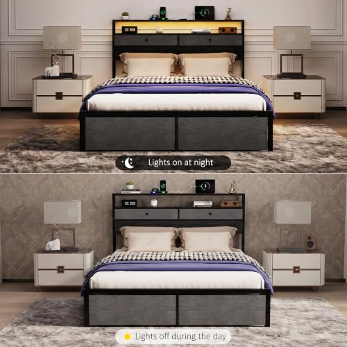 Queen Bed Frame with LED Lights and Charging Station, Platform Bed with Metal Slats, Wood Headboard with 2 Fabric Drawers and Storage Shelves, No Box Spring Needed