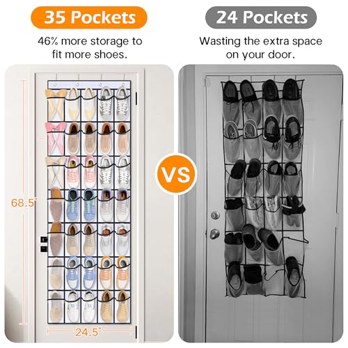 MISSLO 35 Large Pockets Over The Door Shoe Organizer Sturdy Oxford Fabric Hanging Shoe Rack for Door Mesh Closet Shoe Holder Hanger, White