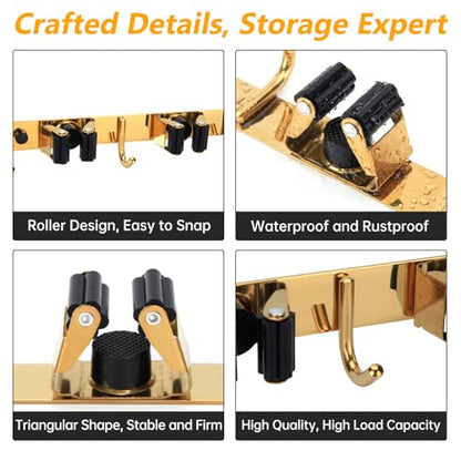 3 Racks and 4 Heavy Duty Hooks Mop and Broom Holder Wall Mount, Non-slip Organizer Storage Utility Tool Racks for Garage,Kitchen,Laundry Room,Garden. Gold