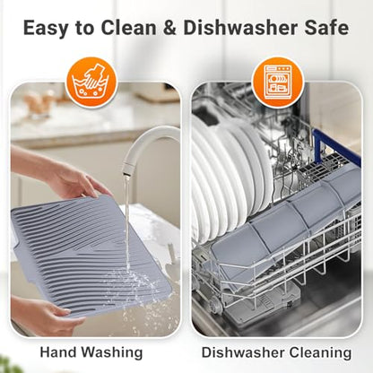 Silicone Dish Drying Mat for Kitchen counter, 15.8"x13" Extra Large Non-Slip Drain Pad with Built-in Drainage, Heat Resistant Dishwasher Safe, Drainage Spout & Hanging Hook, Grey