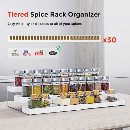 Expandable Spice Rack Organizer for Cabinet - 3 Tier Adjustable Cabinet Spice Organizer Easy Visibility - Spice Organizer for Cabinet Countertop Cupboard Pantry Organization (White)