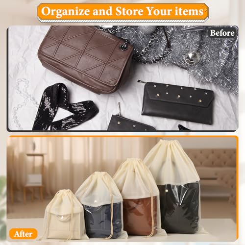 SHENLIU 16 Pcs Dustproof Drawstring Bags, 4 Sizes Beige Transparent Design Purse Dust Storage Bags Non Woven Fabric Cloth Pouch String Packing Organizer Shoe Pouch Handbags Covers