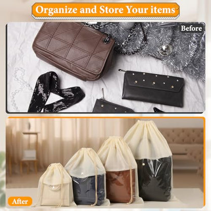 SHENLIU 16 Pcs Dustproof Drawstring Bags, 4 Sizes Beige Transparent Design Purse Dust Storage Bags Non Woven Fabric Cloth Pouch String Packing Organizer Shoe Pouch Handbags Covers