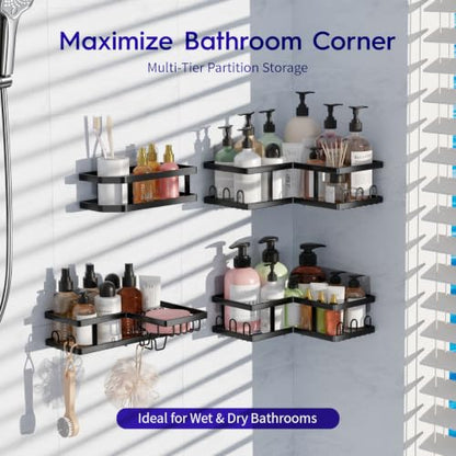 Shower Caddy Corner No Drilling-Adhesive, Shower Shelves-Rustproof | Organizer for Dorm. Black, 4-Pack - with Soap Holder
