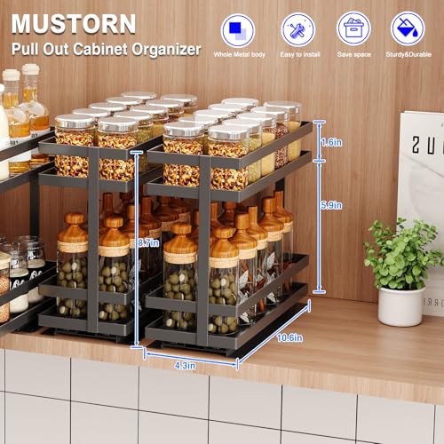 Mustorn 2 Pack Pull Out Spice Rack Organizer for Cabinet, 2 Tier Metal Slide Out Seasoning Organizer and Storage Heavy Duty Vertical Spice Rack Shelf Pullout for Kitchen Cabinets No Drilling (Black)