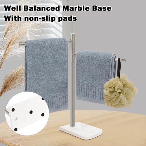 Standing Hand Towel Holder, Hand Towel Stand with Marble Base, 304 Stainless Steel Towel Rack with 2 Swivel Arm, Countertop Stand Towel Ring Towel Bar for Bathroom (Brushed Nickel)