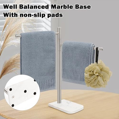 Standing Hand Towel Holder, Hand Towel Stand with Marble Base, 304 Stainless Steel Towel Rack with 2 Swivel Arm, Countertop Stand Towel Ring Towel Bar for Bathroom (Brushed Nickel)