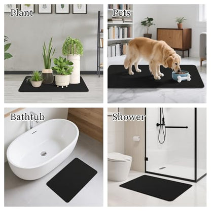 THMINS Black Stone Bath Mat, 24''x16'' Stone Shower Mat | Diatomite Stone Bath Mat, Super Absorbent, Quick-Drying, Non-Slip, and Easy to Clean for Bathroom