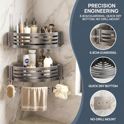 Corner Shower Shelf No Drill Adhesive Bathroom Caddy Wall Mounted Shower Organizer for Inside Shower 2-Pack Matte Gray Aluminum
