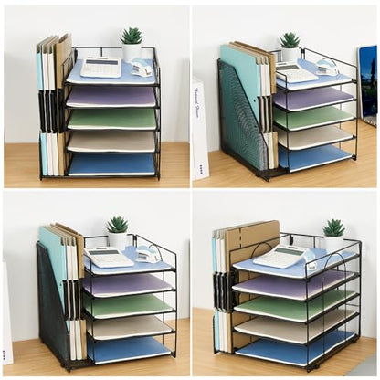 Desk Organizers and Accessories, 5-Tier Paper Letter Tray Organizer with File Holder, Desktop Organizer for Office Supplies (Black)