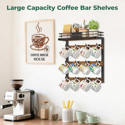Coffee Mug Holder Wall Mounted Display Rack, Black... (Black | Metal, Wood)