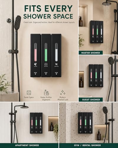 Shampoo and Conditioner Dispenser Wall Mounted, 3-Chamber Shower Soap Dispenser for Bathroom, 1200ML Large Capacity, No-Drill Installation, Clog-Free Pump for Thick Liquids (black-3-pack)